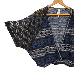 Aztec‎ Poncho Sweater L Sheer Lace Dolman Sleeve Over Sized Blue Western Striped